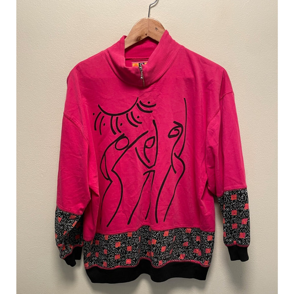 Vintage Womens Sweatshirt Medium Fuschia Abstract Print Mock Neck Wacky Artsy - Picture 1 of 6